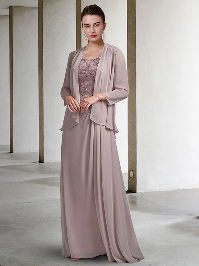 Luolandi Two Piece Sheath / Column Mother of the Bride Dress Plus Size Elegant Jewel Neck Floor Length Chiffon Lace Sleeveless Wrap Included with Appliques